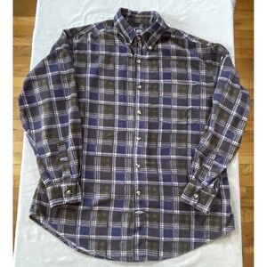 Vintage Lee Mens Medium Corduroy Button Down Shirt Blue Green Plaid Long Sleeve